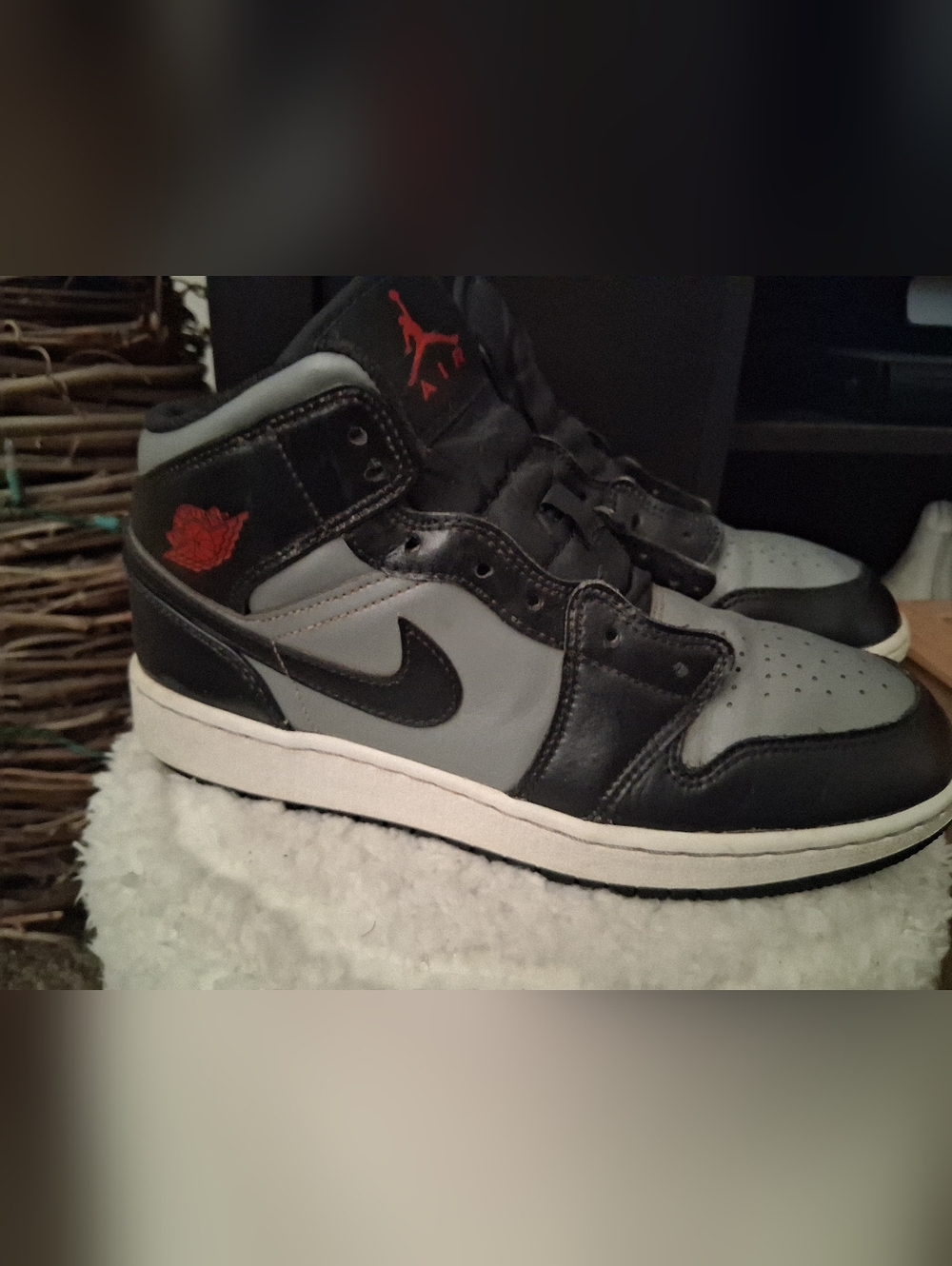 Nike Air Jordan 1 Mid GS "Shadow" Sneakers Black Gray Red White 7Y